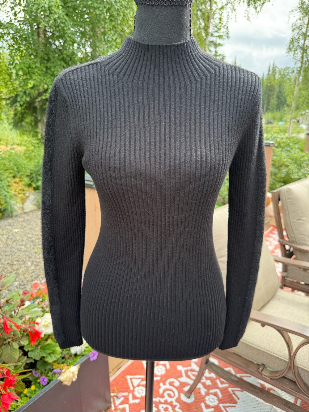Esqualo Black Ribbed Turtleneck Sweater with Fuzzy Sleeves Size M
